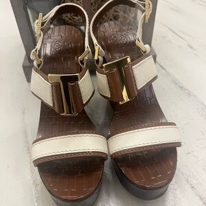 Authentic Tory Burch Wedge Sandals- worn twice. 3 inch wedge heel. Gold T logo!